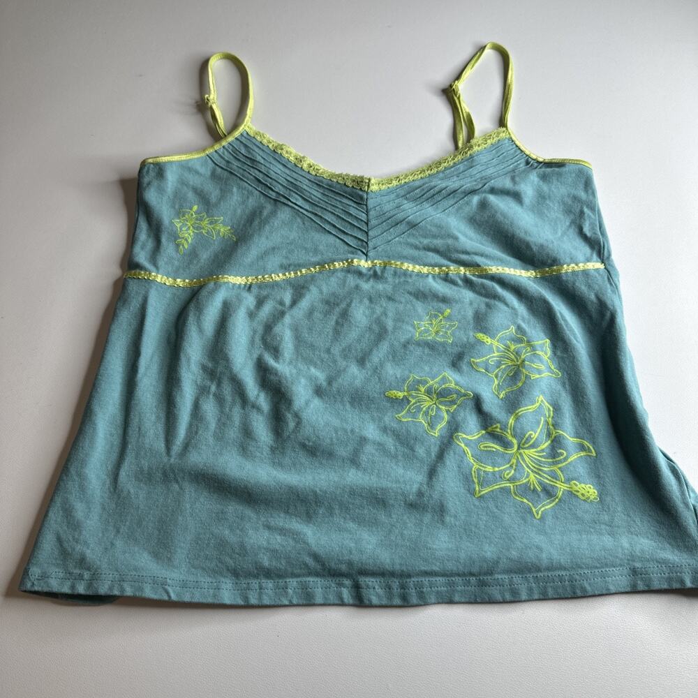 Y2K Dunia Aqua Cami Top Yellow Lace Trim Floral Graphic Tank Large Soft Girl - Picture 5 of 9